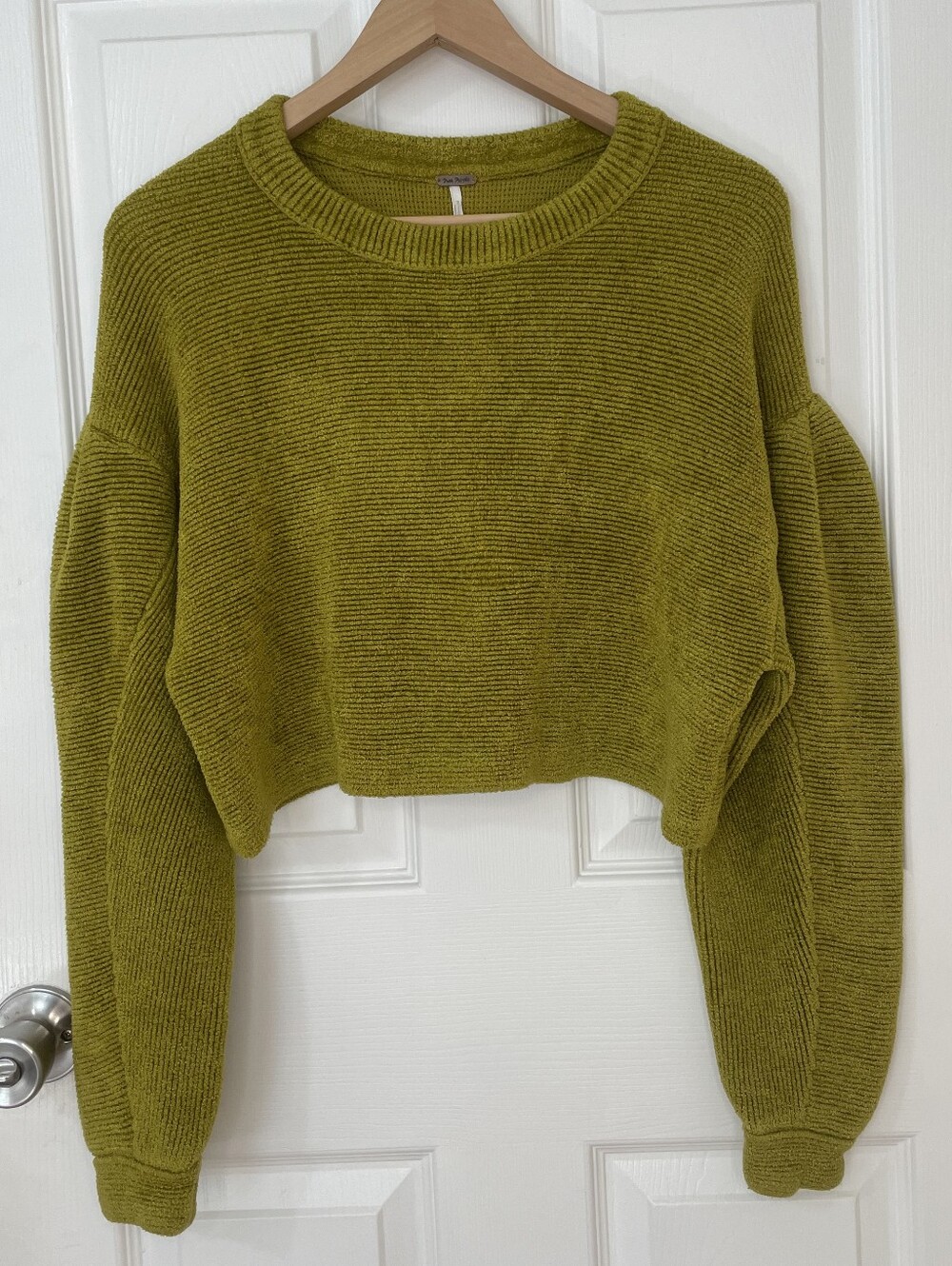 Free People Moss Green Cropped Ribbed Crew Sweater Size XS